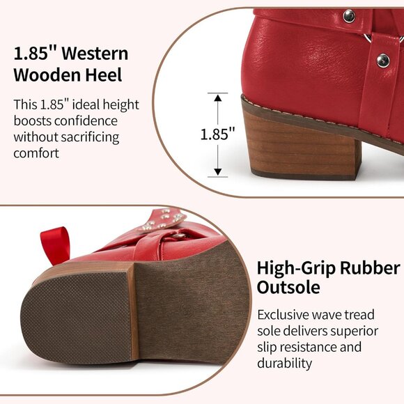 Women's Red Western Leather Mid Calf Fashion Chunky Cowgirl Pointed Toe Boot - Picture 5 of 7